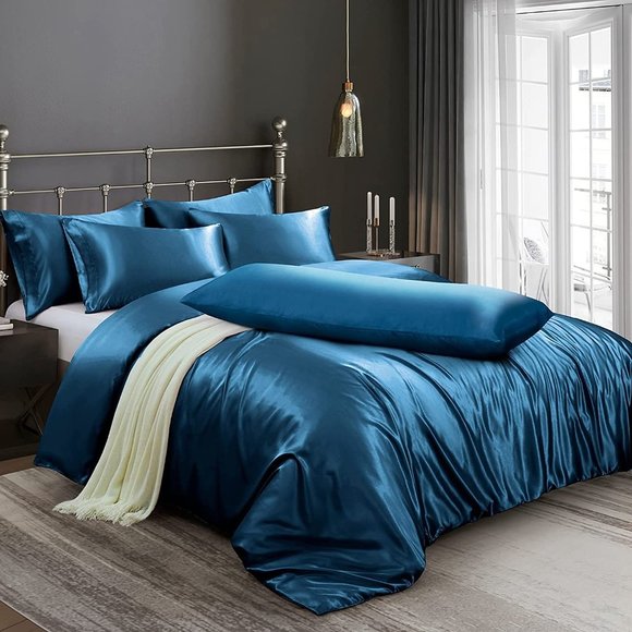 New6 Pieces Satin Duvet Cover King Size Luxury Silky Bedding Duvet Cov…